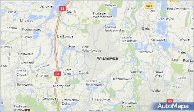 mapa Wilamowice powiat bielski, Wilamowice powiat bielski na mapie Targeo