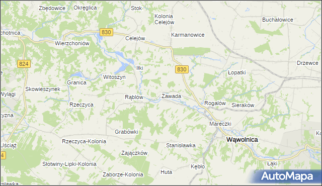 mapa Zawada gmina Wąwolnica, Zawada gmina Wąwolnica na mapie Targeo