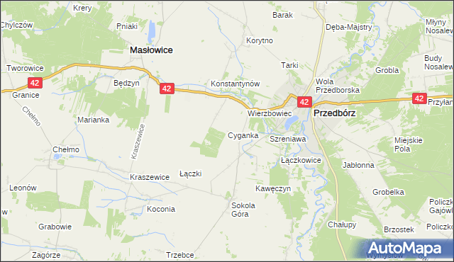 mapa Cyganka gmina Masłowice, Cyganka gmina Masłowice na mapie Targeo