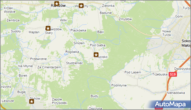 mapa Hucisko gmina Głogów Małopolski, Hucisko gmina Głogów Małopolski na mapie Targeo