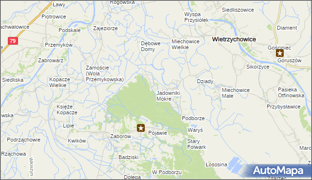 mapa Jadowniki Mokre gmina Wietrzychowice, Jadowniki Mokre gmina Wietrzychowice na mapie Targeo