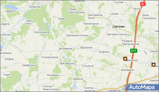 mapa Jaszowice gmina Zakrzew, Jaszowice gmina Zakrzew na mapie Targeo