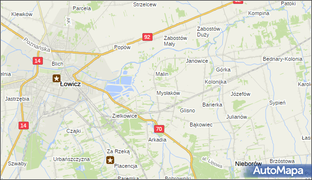 mapa Mysłaków gmina Nieborów, Mysłaków gmina Nieborów na mapie Targeo