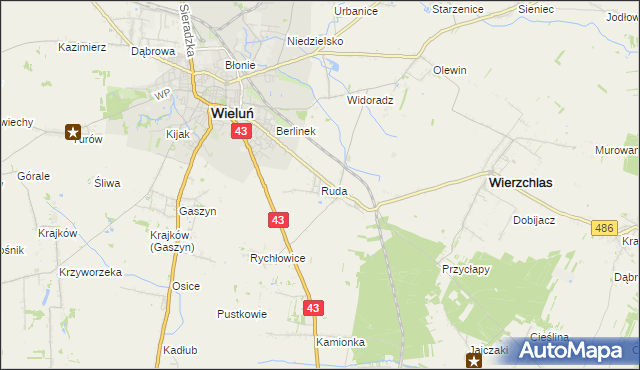 mapa Ruda gmina Wieluń, Ruda gmina Wieluń na mapie Targeo