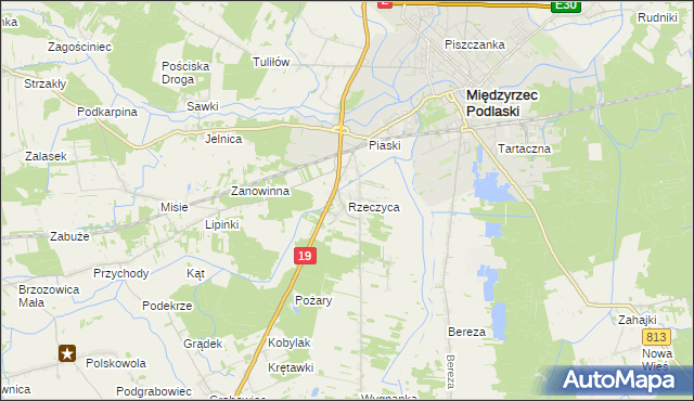 mapa Rzeczyca gmina Międzyrzec Podlaski, Rzeczyca gmina Międzyrzec Podlaski na mapie Targeo