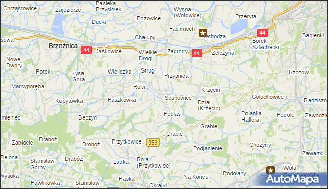 mapa Sosnowice gmina Brzeźnica, Sosnowice gmina Brzeźnica na mapie Targeo
