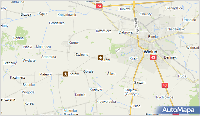 mapa Turów gmina Wieluń, Turów gmina Wieluń na mapie Targeo