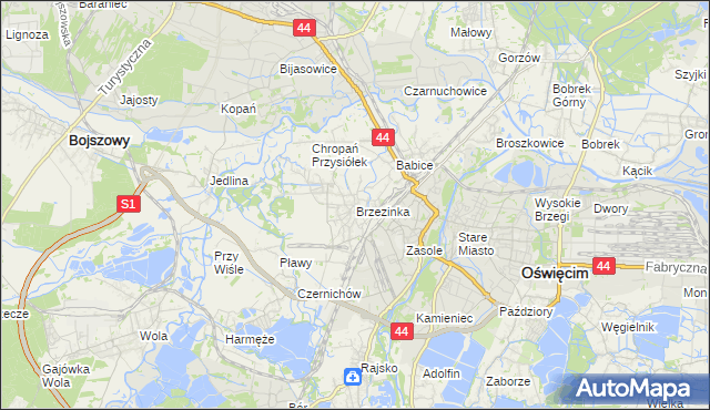 mapa Brzezinka gmina Oświęcim, Brzezinka gmina Oświęcim na mapie Targeo