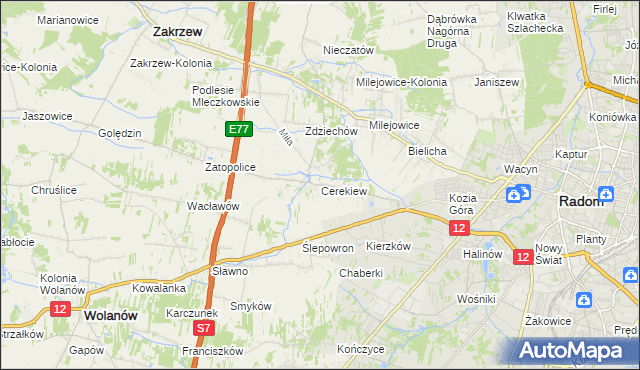 mapa Cerekiew gmina Zakrzew, Cerekiew gmina Zakrzew na mapie Targeo