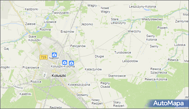 mapa Długie gmina Koluszki, Długie gmina Koluszki na mapie Targeo