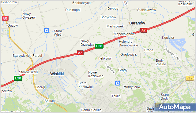 mapa Feliksów gmina Wiskitki, Feliksów gmina Wiskitki na mapie Targeo