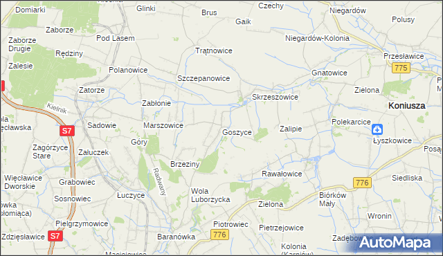 mapa Goszyce gmina Kocmyrzów-Luborzyca, Goszyce gmina Kocmyrzów-Luborzyca na mapie Targeo