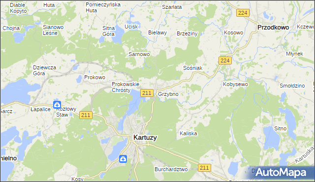 mapa Grzybno gmina Kartuzy, Grzybno gmina Kartuzy na mapie Targeo