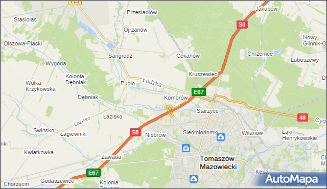 mapa Komorów gmina Tomaszów Mazowiecki, Komorów gmina Tomaszów Mazowiecki na mapie Targeo