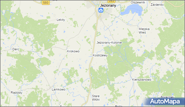 mapa Kostrzewy gmina Jeziorany, Kostrzewy gmina Jeziorany na mapie Targeo