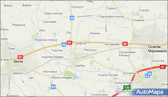 mapa Płochocin gmina Ożarów Mazowiecki, Płochocin gmina Ożarów Mazowiecki na mapie Targeo
