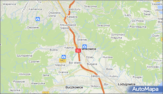 mapa Wilkowice powiat bielski, Wilkowice powiat bielski na mapie Targeo