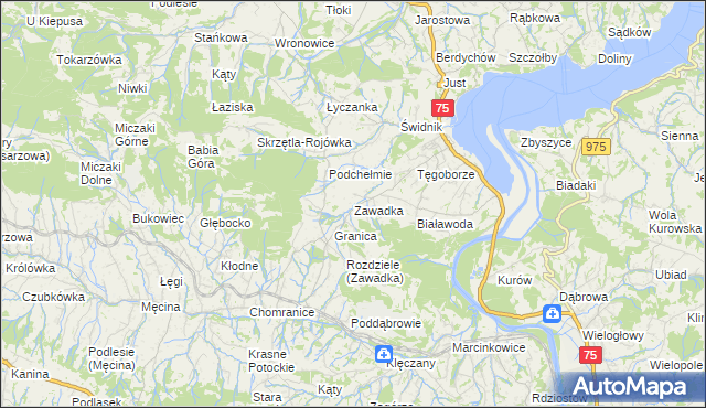 mapa Zawadka gmina Łososina Dolna, Zawadka gmina Łososina Dolna na mapie Targeo