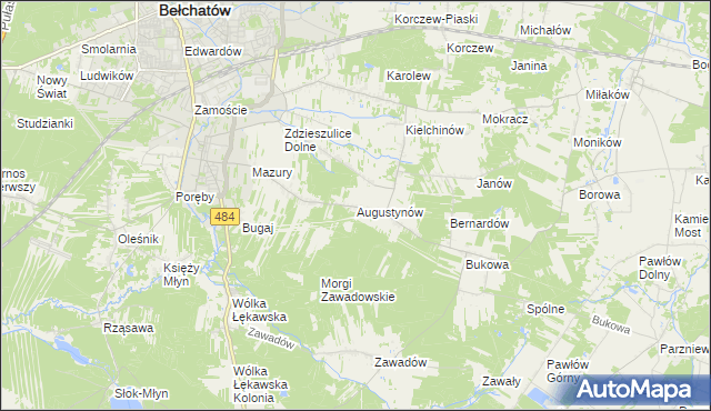 mapa Augustynów gmina Bełchatów, Augustynów gmina Bełchatów na mapie Targeo