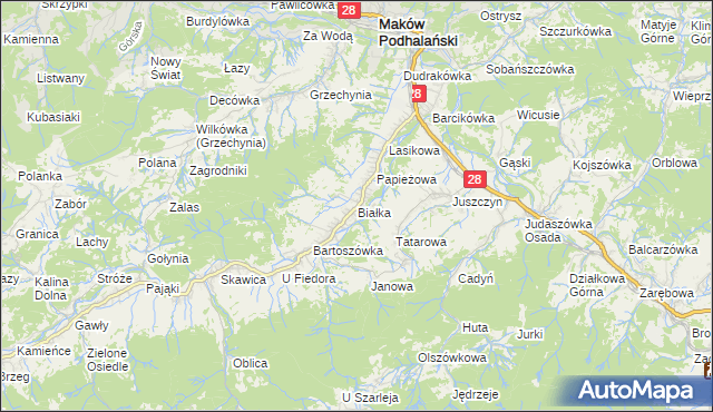 mapa Białka gmina Maków Podhalański, Białka gmina Maków Podhalański na mapie Targeo