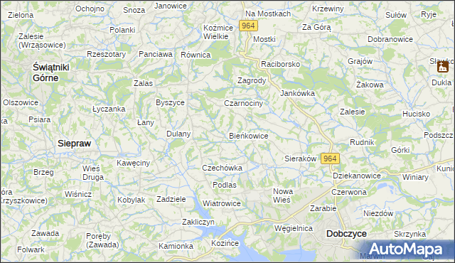 mapa Bieńkowice gmina Dobczyce, Bieńkowice gmina Dobczyce na mapie Targeo