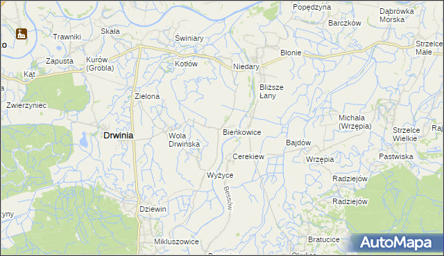 mapa Bieńkowice gmina Drwinia, Bieńkowice gmina Drwinia na mapie Targeo