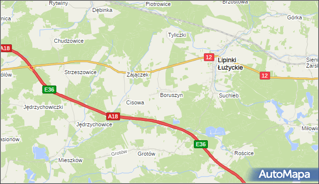 mapa Boruszyn gmina Lipinki Łużyckie, Boruszyn gmina Lipinki Łużyckie na mapie Targeo