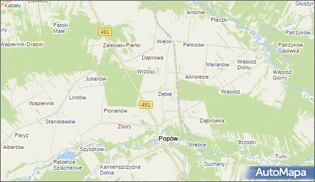 mapa Dębie gmina Popów, Dębie gmina Popów na mapie Targeo