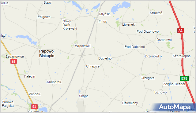 mapa Dubielno gmina Papowo Biskupie, Dubielno gmina Papowo Biskupie na mapie Targeo