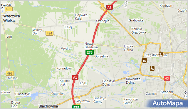 mapa Gorzelnia gmina Blachownia, Gorzelnia gmina Blachownia na mapie Targeo