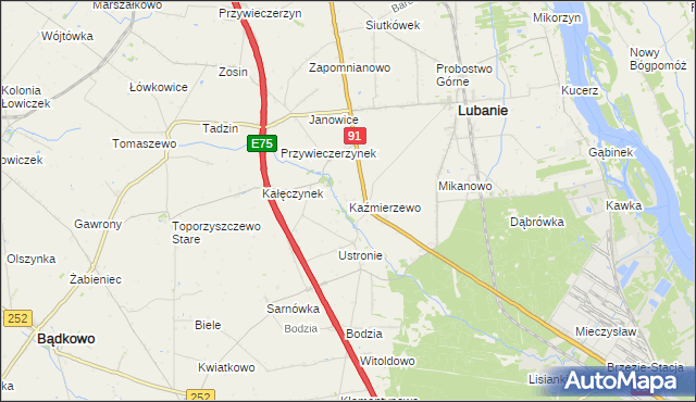 mapa Kaźmierzewo gmina Lubanie, Kaźmierzewo gmina Lubanie na mapie Targeo