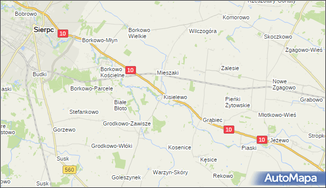 mapa Kisielewo gmina Sierpc, Kisielewo gmina Sierpc na mapie Targeo