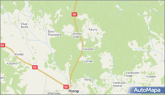 mapa Kokoszki gmina Rozogi, Kokoszki gmina Rozogi na mapie Targeo