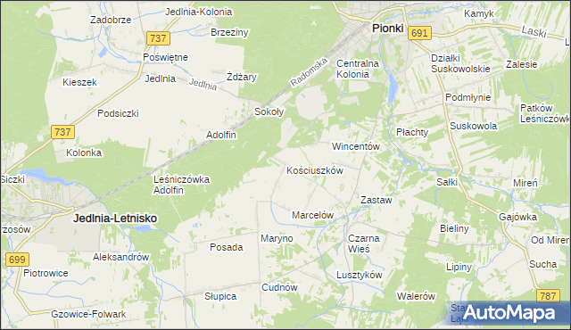 mapa Kościuszków gmina Pionki, Kościuszków gmina Pionki na mapie Targeo