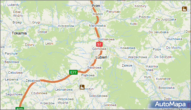 mapa Lubień powiat myślenicki, Lubień powiat myślenicki na mapie Targeo