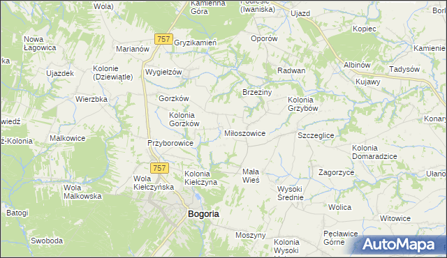 mapa Miłoszowice gmina Bogoria, Miłoszowice gmina Bogoria na mapie Targeo