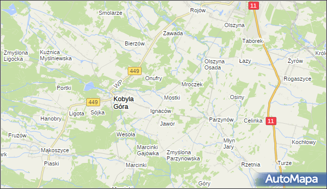 mapa Mostki gmina Kobyla Góra, Mostki gmina Kobyla Góra na mapie Targeo