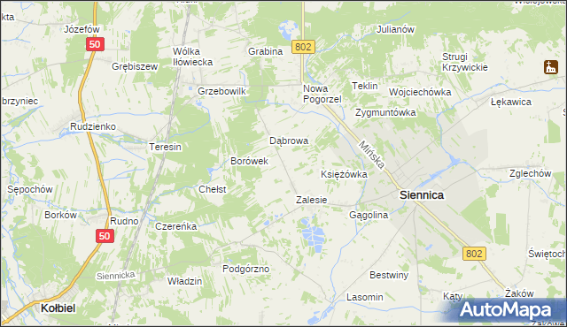 mapa Nowe Zalesie gmina Siennica, Nowe Zalesie gmina Siennica na mapie Targeo