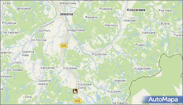 mapa Przyborów gmina Jeleśnia, Przyborów gmina Jeleśnia na mapie Targeo