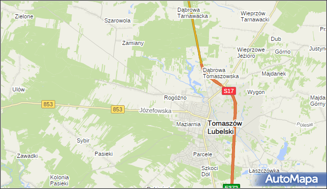 mapa Rogóźno gmina Tomaszów Lubelski, Rogóźno gmina Tomaszów Lubelski na mapie Targeo