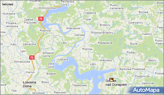 mapa Rożnów gmina Gródek nad Dunajcem, Rożnów gmina Gródek nad Dunajcem na mapie Targeo