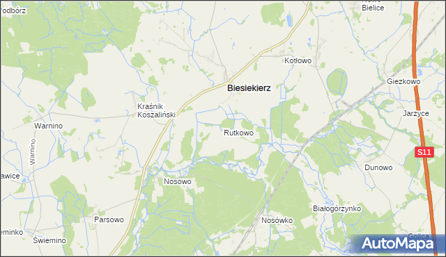 mapa Rutkowo gmina Biesiekierz, Rutkowo gmina Biesiekierz na mapie Targeo