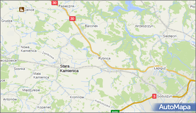 mapa Rybnica gmina Stara Kamienica, Rybnica gmina Stara Kamienica na mapie Targeo