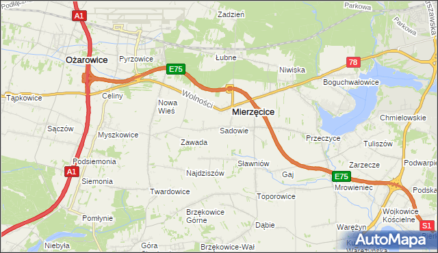 mapa Sadowie gmina Mierzęcice, Sadowie gmina Mierzęcice na mapie Targeo