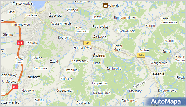 mapa Świnna powiat żywiecki, Świnna powiat żywiecki na mapie Targeo