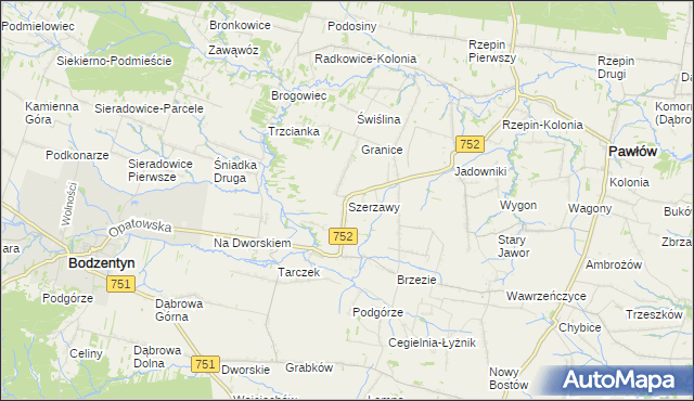 mapa Szerzawy gmina Pawłów, Szerzawy gmina Pawłów na mapie Targeo