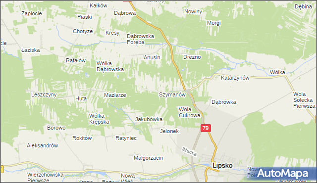 mapa Szymanów gmina Lipsko, Szymanów gmina Lipsko na mapie Targeo