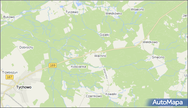 mapa Warnino gmina Tychowo, Warnino gmina Tychowo na mapie Targeo