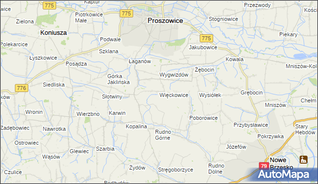 mapa Więckowice gmina Proszowice, Więckowice gmina Proszowice na mapie Targeo