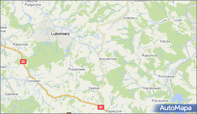 mapa Wojciechów gmina Lubomierz, Wojciechów gmina Lubomierz na mapie Targeo